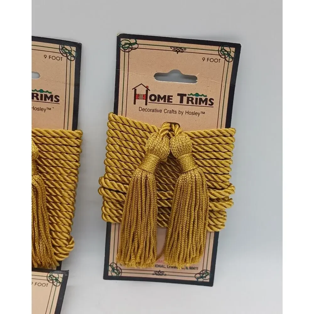 Set Lot of 4 Gold Colored Tassels 9 Foot Cord Home Trims Hosley Decorative Craft